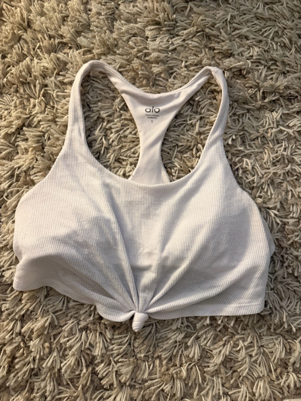 Alo Ribbed Knot-Front White Sports Bra